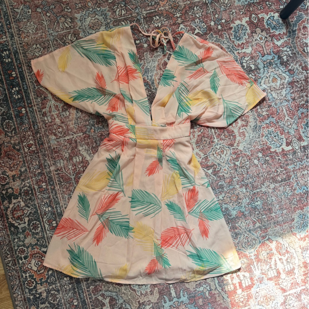 Backless Tropical Leaf Print Dress - Size Small